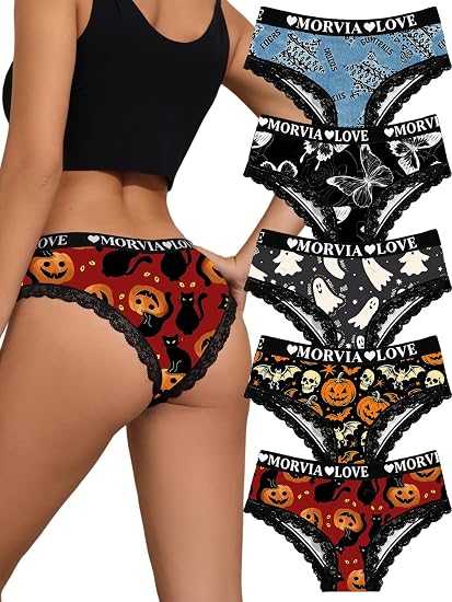 Morvia 5 Pack Women's Halloween Hipster Briefs Panties Underwear with Wide Jacquard Waistband & Lace Trim - skull swimsuit