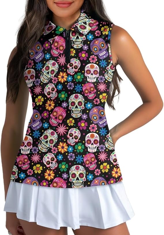 Women's Sleeveless Golf Tennis T Shirts Zip Up Dry Fit Tank - skull tank tops