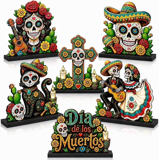 OBUSATT 6 Pcs Day of the Dead Table Decor Sugar Skull Tabletop Centerpiece - skull plate
