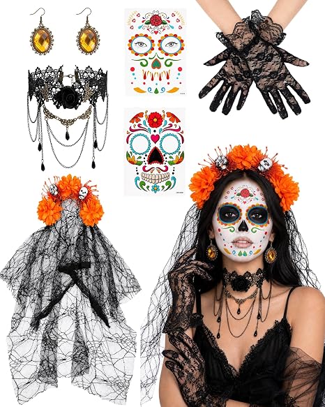Day of the Dead Costume Accessories with Flower Headpiece Lace Choker Gloves Fan Earrings for Halloween Cosplay - skull sticker