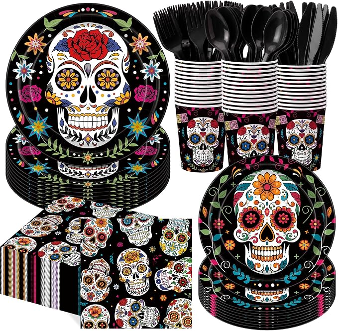 400 Pcs Day of the Dead Party Supplies, Sugar Skull Plates and Napkins Set - skull plate