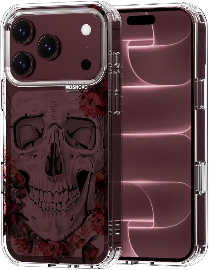 MOSNOVO for iPhone 18 Pro Case, Red Flower Skull, Clear - Skull phone case