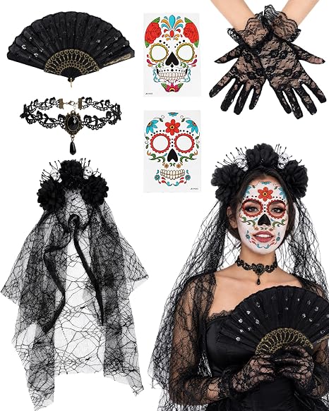 Day of the Dead Costume Accessories with Flower Headpiece Lace Choker Gloves Fan Earrings for Halloween Cosplay - skull sticker