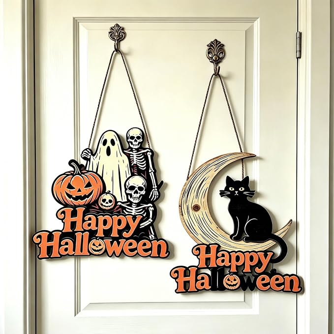 Halloween Decoration Wooden Black Cat Door Halloween Wreath for Front Door Sign Wall Signs Decor, Pumpkin Ghost Skull Sign Hanging for Home Wall Decor Outdoor Indoor Farmhouse Party Supply - skull wreath