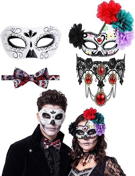 Day of the Dead Costume Accessories with Skull Eye Mask Lace Choker for Halloween Women Men Couple Cosplay - sugar skull costume