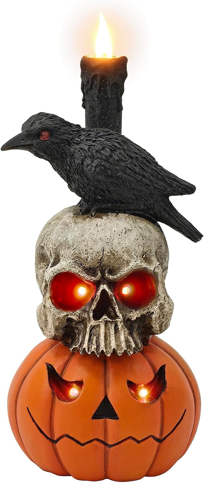13-Inch Halloween Resin Skull Crow Pumpkin Decor, Spooky Red LED Lights Tabletop Prop for Party | 1.9 lbs Heavy-Duty Horror Figurine, Battery Operated, Unique Gift & Haunted House Ornament - skull figurine