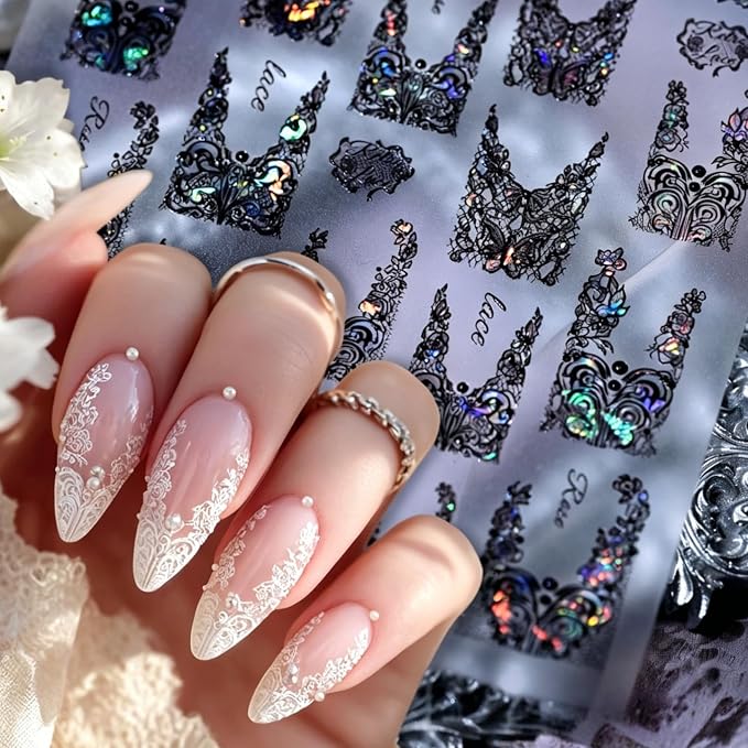 1 Sheet Black Lace Nail Art Stickers Elegant 5D Embossed Flower Nail Decals Self-Adhesive Gothic Floral Nail Supplies Wedding Bride Lace French Nail Design for Women Manicure DIY Self-Adhesive Pegatin - skull sticker
