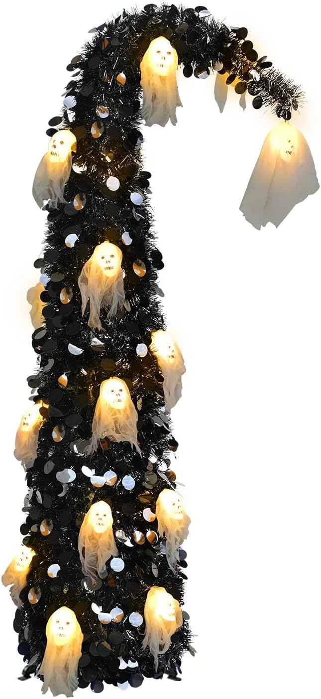 5FT Black Halloween Tree with Ghost Skull Lights, Pop Up Tinsel Tree - string light