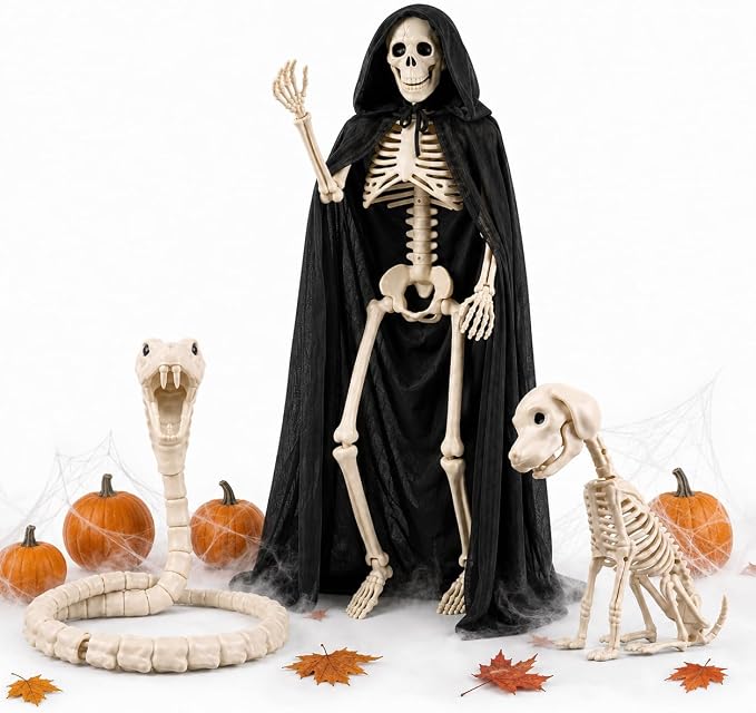 4-Piece Halloween Skeleton Decor Set, 35.4-In Posable Human, Cobra & Dog - skeleton
