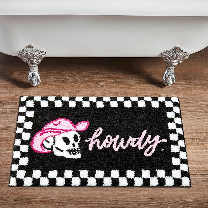Spooky Howdy Halloween Bath Mat for Bathroom Non Slip Washable, 16’’W x 24’’L Black Checkered Fun Cowboy Skull Gothic Bath Rug Microfiber Country Vintage Southwestern Creepy Halloween Bathroom Mat