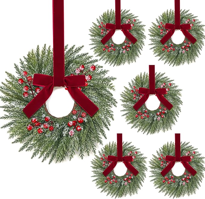 6Pcs 14" Mini Christmas Wreaths for Cabinets, Small Wreaths with Velvet Bow - skull wreath