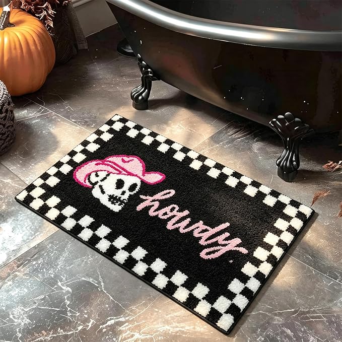 Spooky Howdy Halloween Bath Mat for Bathroom Non Slip Washable, 20’’W x 32’’L Black Checkered Fun Cowboy Skull Gothic Bath Rug Microfiber Country Vintage Southwestern Creepy Halloween Bathroom Mat - skull toilet mat