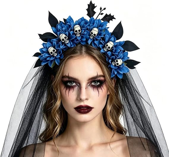 Kokoma Halloween Black Veil with Skull Flower Crown - sugar skull costume