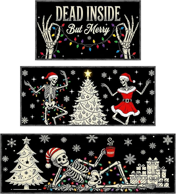 Skeleton Christmas Kitchen Rugs, Funny Dark Christmas Kitchen Mats - skeleton