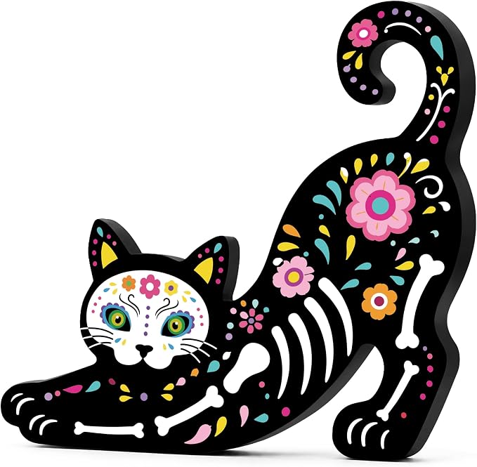 Day of The Dead Decor Dia De Los Muertos Wooden Figurine Cute Stretching Cat Mexican Sugar Skull Table Decor Halloween Home Office Desk Mantel Supplies - skull figurine