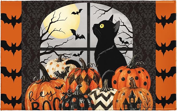 Halloween Bath Rug Black Cat Bat Pumpkins Bath Mat 20x32 Inch Halloween Doormat Washable Absorbent Low Pile Non Slip Backing Bathroom Rug for Tub Entryway Porch - skull toilet mat