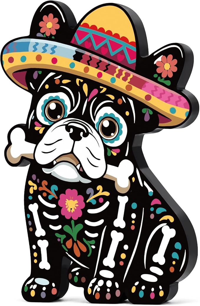 Day of The Dead Decor Dia De Los Muertos Wooden Figurine Cute Cat with Monarch Butterfly Mexican Sugar Skull Table Decor Halloween Home Office Desk Mantel Supplies - skull figurine