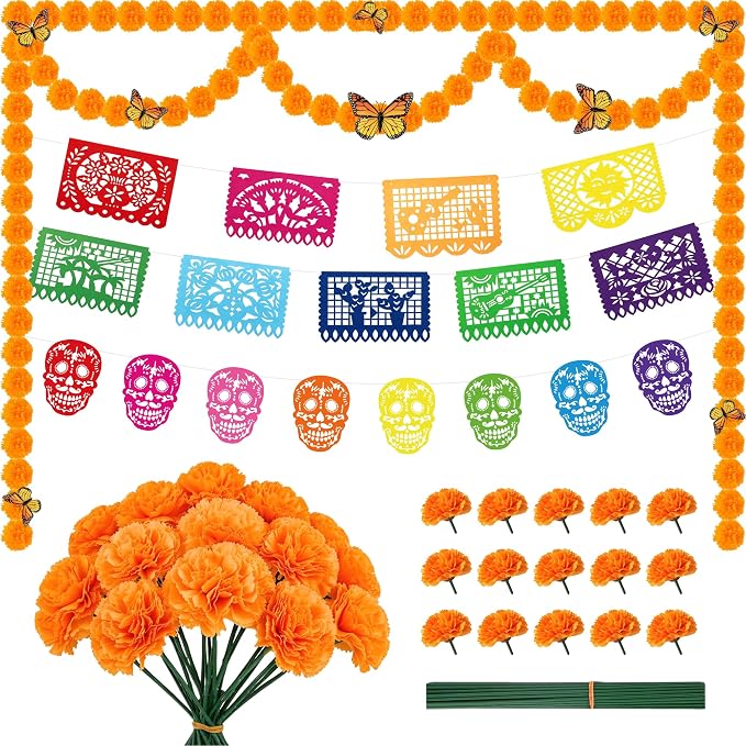 93 Pcs Dia De Los Muertos Decorations Ofrenda Set,Day of the Dead Altar Kit - skull carpet