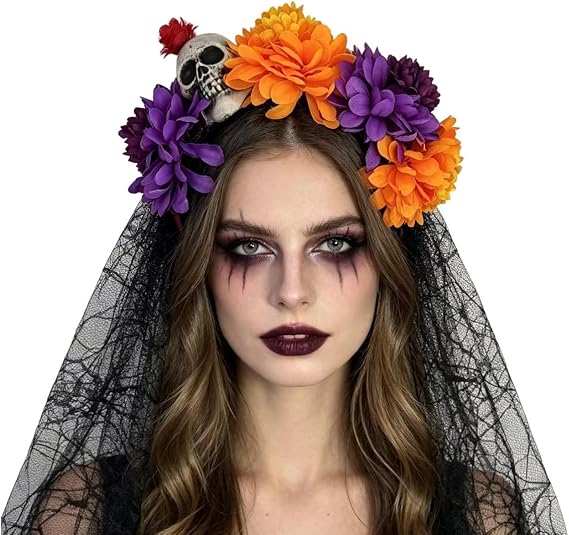 Kokoma Day of the Dead Skull Flower Crown Headband Black Veil - skull headband