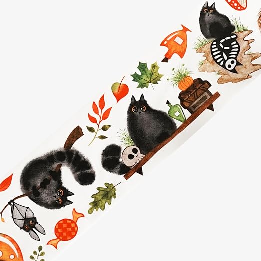 WT Pre-Cut Spooky Tails Wide Washi Tape, Halloween Cat Designs, 60mm x 5m - skull sticker