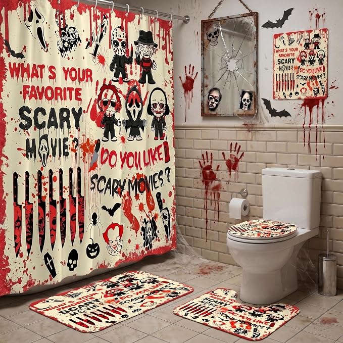 4Pcs Halloween Shower Curtain Set Gothic Scary Shower Curtain for Halloween Bathroom Decor with Anti-Slip Bath Mat Bathroom Rugs Toilet Lid Cover (Halloween) - skull toilet mat