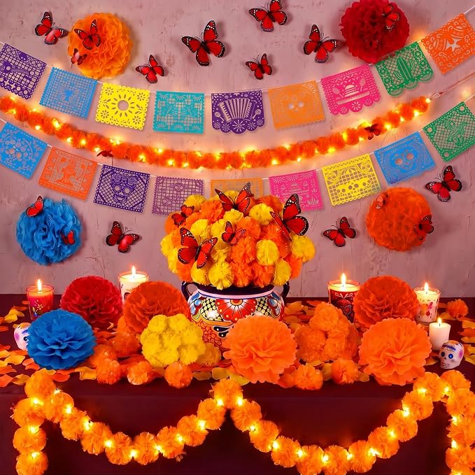 Gueevin 131 Pcs Day of The Dead Decor Altar Kit, Marigold Garland Lights - skull carpet