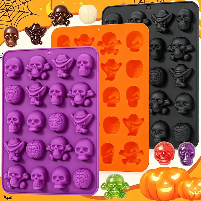 Halloween 3-Pack Mini Gummy Skull Silicone Molds, BPA-Free Food Grade, 20-Cavity for Batch Baking & Party Decor, Non-Stick Easy Release, Fit for Halloween Foods (Candy, Chocolate, Jelly, Whiskey Ice） - skull ashtray