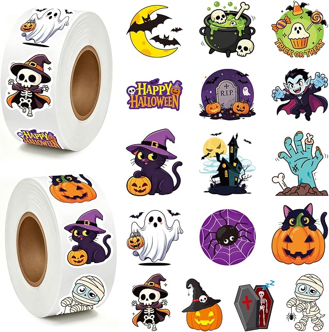 1200Pcs Halloween Stickers 2 Rolls Halloween Stickers for Kids 16 Design - skull sticker