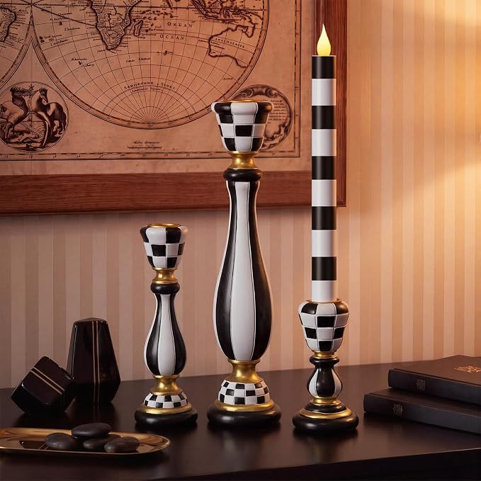 3 Pcs Black and White Checkerboard Taper Candle Holder,Classic - skull candle