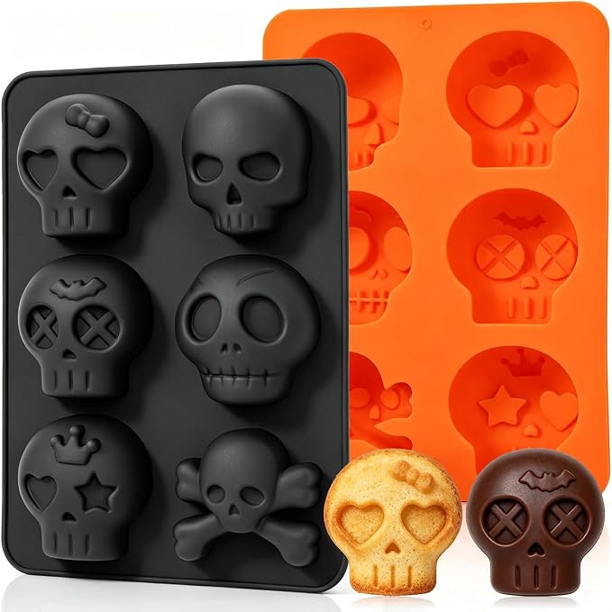 Halloween 2-Pack Skull Silicone Baking Molds Pan - 6-Cavity for Cakelet & Chocolate, BPA-Free Food Grade, Non-Stick Easy Release & Dishwasher Safe - skull ashtray