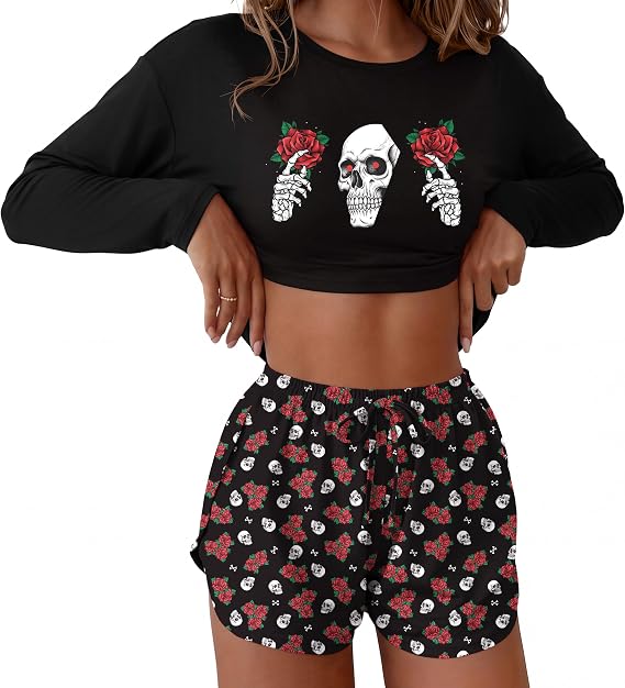 Ekouaer Pajama Sets Sexy Lounge Sets Long Sleeve and Side Split Shorts Pjs - skull pajamas