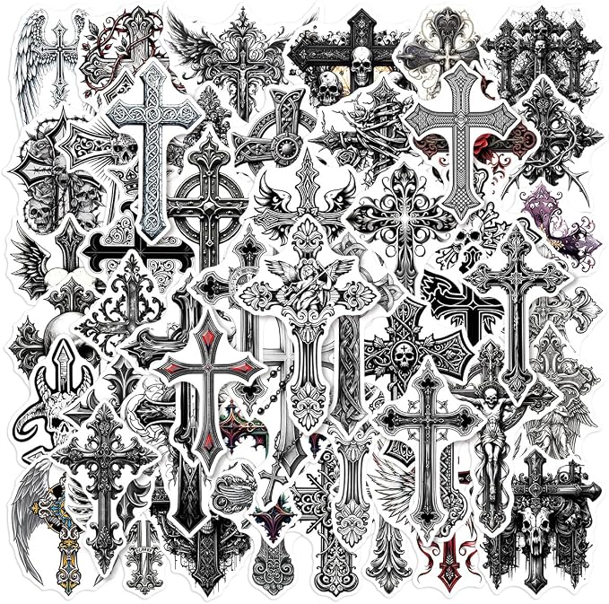 50 Pcs Gothic Cross Stickers, Waterproof Vinyl Dark Aesthetic Decals with Skull Wing Rose Cross Designs, DIY Decor for Journals, Cards, Water Bottles & Skateboards - skull sticker