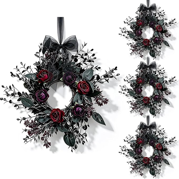 4 Pcs Small Halloween Hanging Wreaths with Burgundy Deep Purple Roses Black Foliage Black Sheer Bow Gothic Mini Cabinet Wreath for Home Table Centerpieces Kitchen Halloween Party Decor - skull wreath