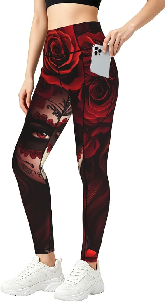 Augenstern Women's Mexico-Sugar-Skull-Rose Yoga Pants Workout Legging - skull leggings