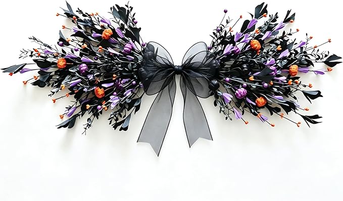 22” Halloween Floral Teardrop Swag Wreath for Front Door Artificial Black Greenery Flower Swag with Purple Orange Blooms Berries Black Sheer Organza Bow for Farmhouse Porch Wall Window Mantel