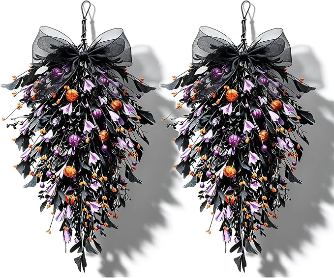 2 Pack 21” Halloween Teardrop Swag Wreaths for Front Door Artificial Teardrop Wreath with Black Greenery Purple Glitter Balls Orange Berries Purple Florals Gothic Spooky Hanging Decor for Wall Porch