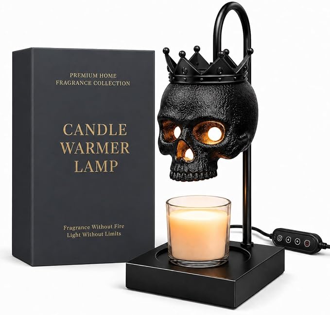 Skull Candle Warmer Lamp with Timer & Dimmer - Black Gothic Candle Lamp Warmer, Adjustable Height, 2 Light Bulbs - Skull Decor, Goth Gifts, Gothic Home Decor, Witchy Spooky Halloween Decor - skull lamp