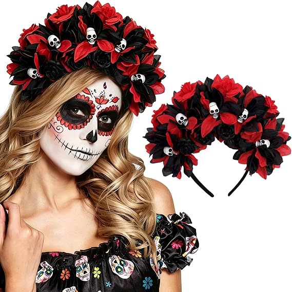 Halloween Skull Flower Headband Day of the Dead Skull Floral Crown Headpiece Rose Mexican Floral Headpiece Gothic Horror Hair Accessories for Women Halloween Cosplay Party - skull headband