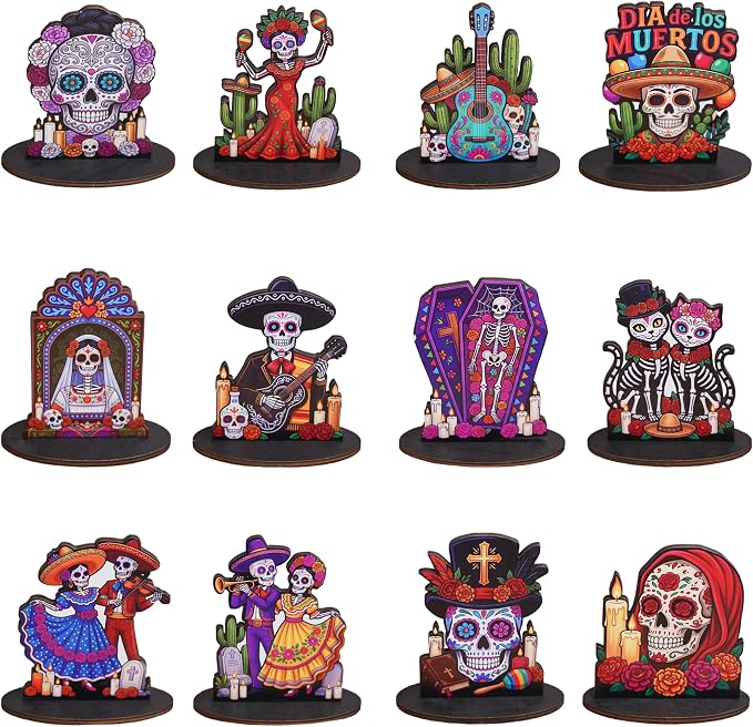 GPGHE Dia De Los Muertos Decor Set of 12, Day of the Dead Skull Sugar Skeletons Calaveras Mexicanas, 2.8-3.3 Inch Wide x 4.13 Inch Tall Day of the Dead Folk Art Figures for Tabletop Decor - skull figurine