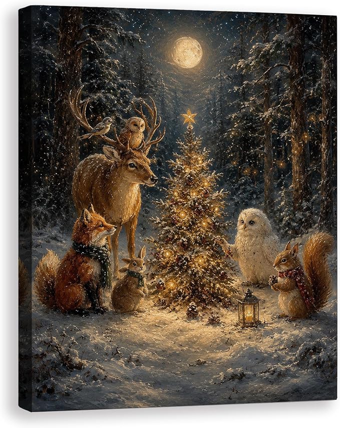 FISWAFY Vintage Christmas Winter Forest Animal Wall Art Decor, 11x14 Inch - skull wall art