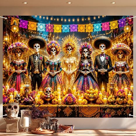 BlissYard Dia de Los Muertos Backdrop 91 x 71 Inch Day of the Dead Banner Ofrenda Altar Scene Papel Picado Marigold Sugar Skull Mexican Fiesta Halloween Photo Booth Wall Decor - skull candle