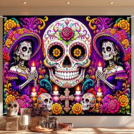 BlissYard Day of the Dead Backdrop 91 x 71 Inch Dia de Los Muertos Decorations Sugar Skull Catrina Marigold Candle Dia de Muertos Decorations Halloween Party Photo Booth Wall Decor - skull candle