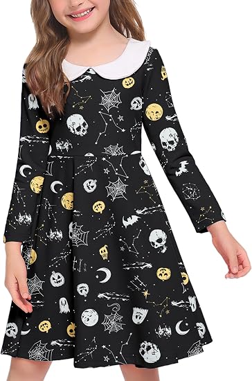 Arshiner Girls Long Sleeve Dress Casual Vintage Peter Pan Collar Swing Party Dress Age 3-14 Years - sugar skull dress