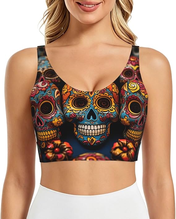 Sports Bra for Women Workout Top Removable Pads Yoga Bra Removable Pads V Back Colorful Sugar Skulls Tank Crop Tops - skull tank tops