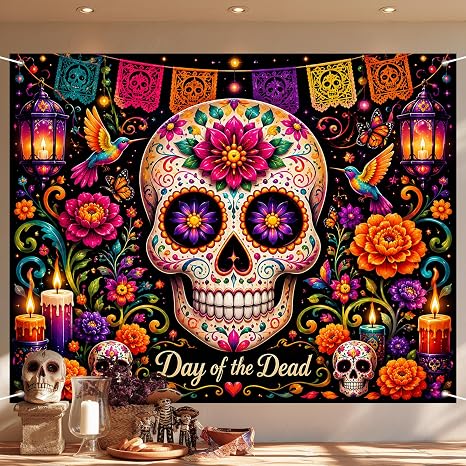 Floral Sugar Skull Backdrop 91 x 71 Inch Day of the Dead Banner Dia de Los Muertos Decorations Hummingbird Butterfly Papel Picado Marigold Candle Halloween Mexican Fiesta Photo Booth - skull carpet