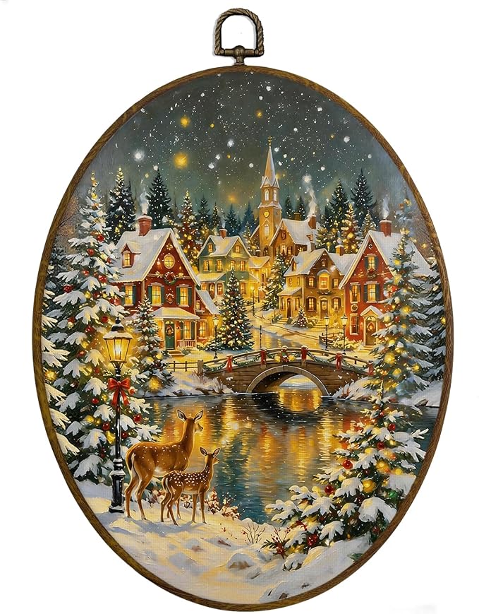 MAQIKA Christmas Village Landscape Framed Oval Wall Art Home Decor 8.7x11.3 - skull wall art