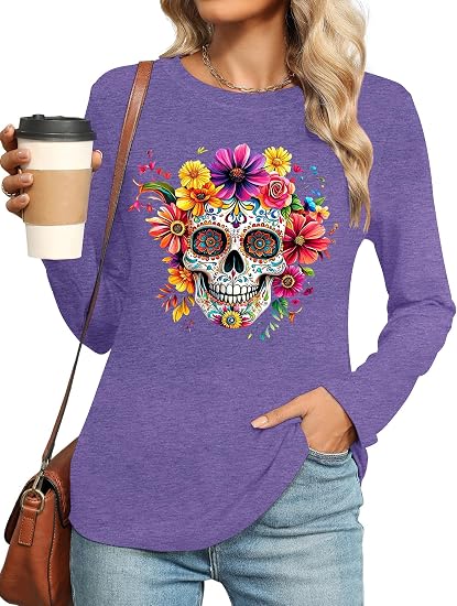 Day of The Dead Shirts Women: Dia De Los Muertos Graphic Tee Shirt Halloween Long Sleeve Tops - skull tshirt