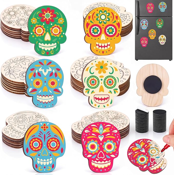Xuhal 36 Pack Day of The Dead Wood Fridge Magnet Craft Gift Kit Sugar Skull - sugar skull ornament