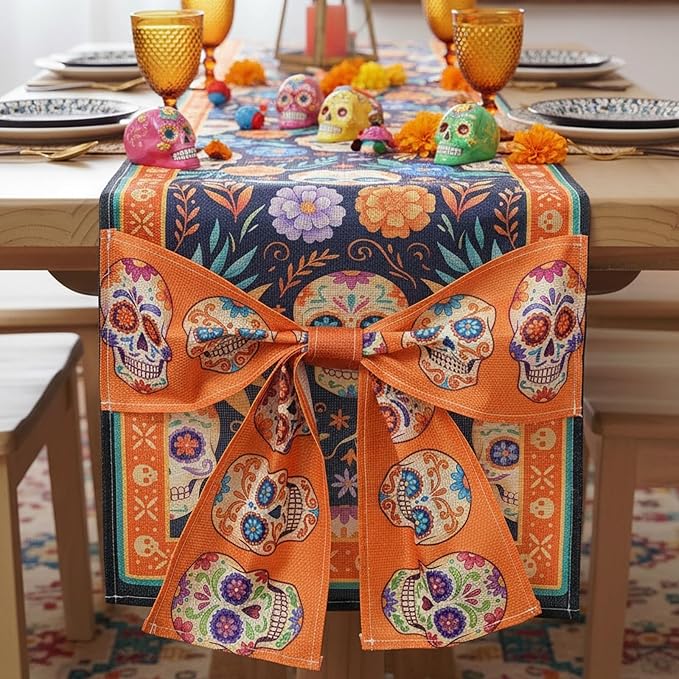 Dia de Los Muertos Table Runner with Bowknot Day of the Dead Ofrenda Altar Sugar Mexican Skull Table Decoration for Holiday Party Kitchen Dining Indoor Tabletop Decor 13x72 Inch - skull floor mat