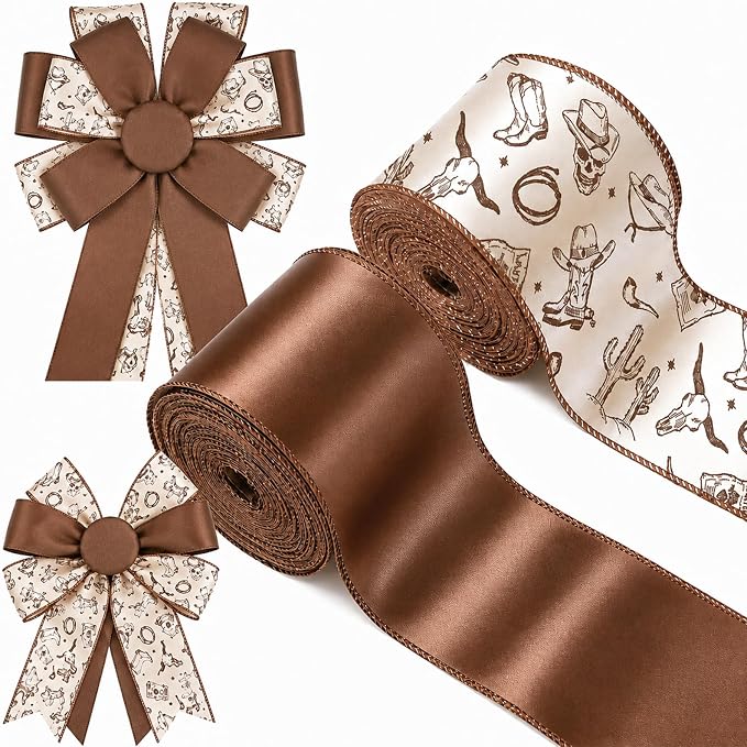 JarThenaAMCS 2 Rolls Western Cowboy Wired Ribbon, Beige Brown, 2.5In x 10Yd - skull wreath